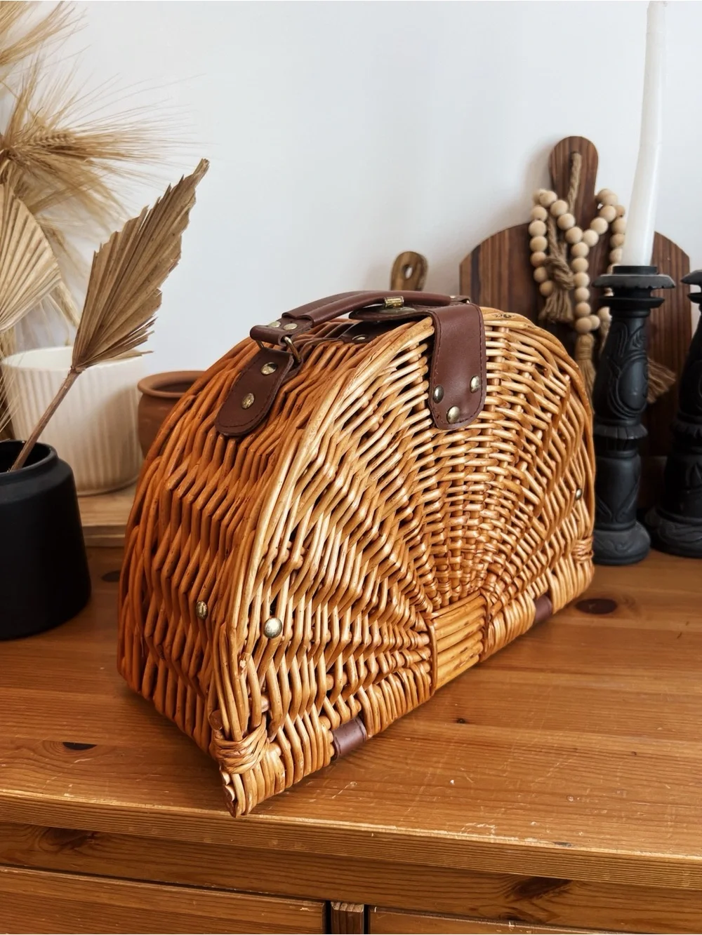 Vintage Woven Rattan Half-Moon Picnic Basket/Handbag with Brown Leather Trim - Picture 6 of 6